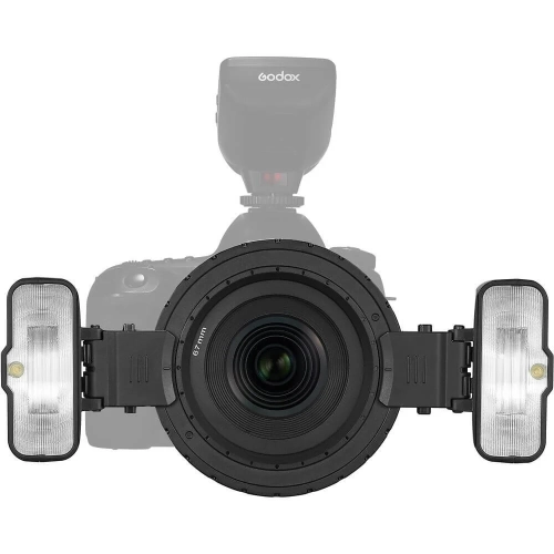 Dwie lampy makro Godox MF12 z zestawu MF12-K2 na pierścieniu wokół obiektywu