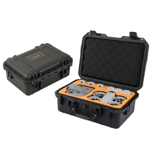 Wodoodporna walizka Sunnylife do drona DJI Neo, zamknięta i otwarta z dronem w środku