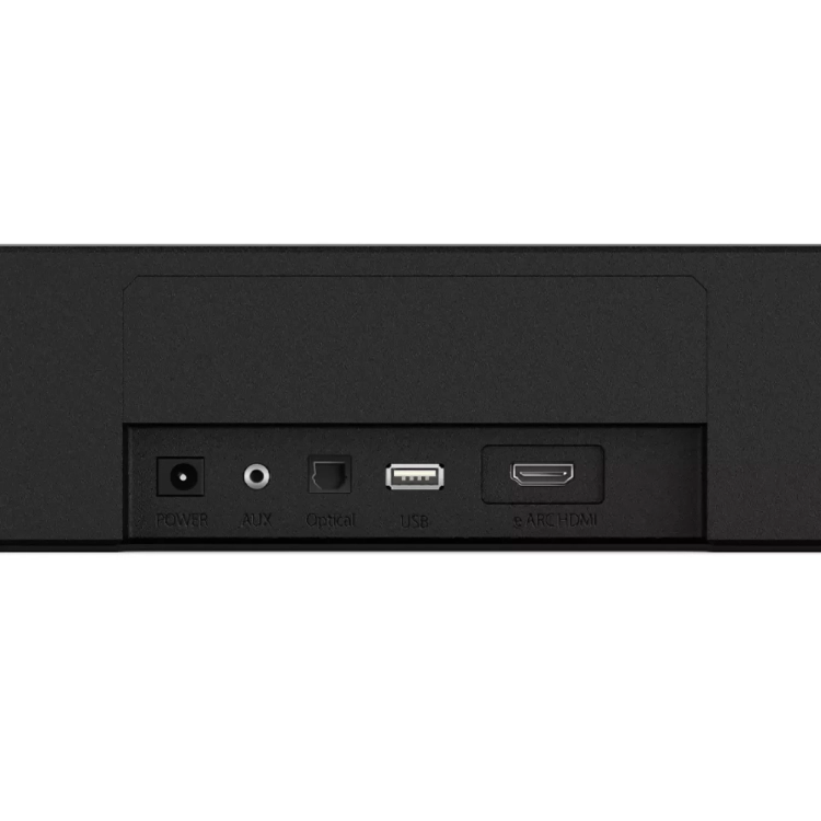 Złącza soundbara Ultimea Poseidon D60: zasilanie, AUX, optyczne, USB i HDMI eARC