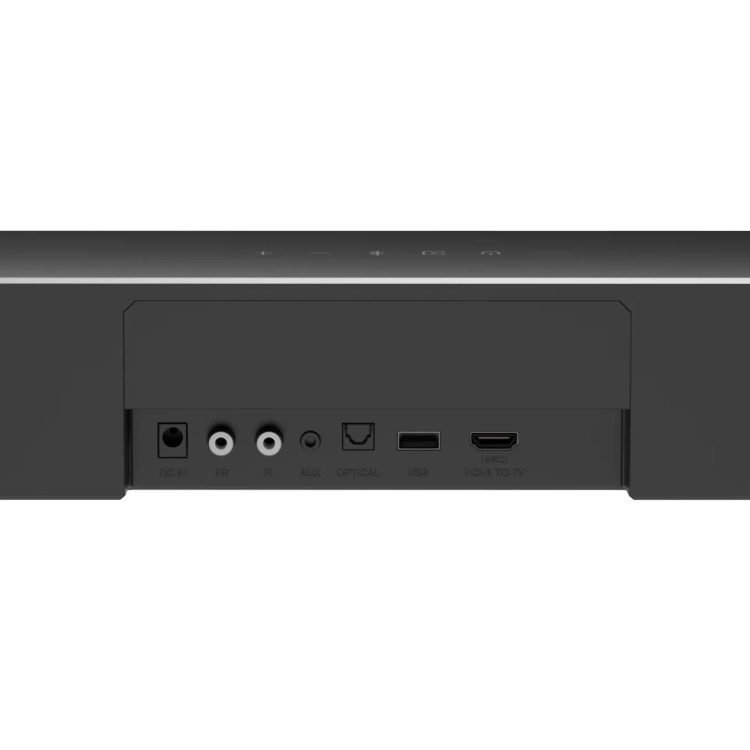 Złącza soundbara Ultimea Poseidon D70: zasilanie, głośniki przednie, AUX, optyczne, USB i HDMI ARC