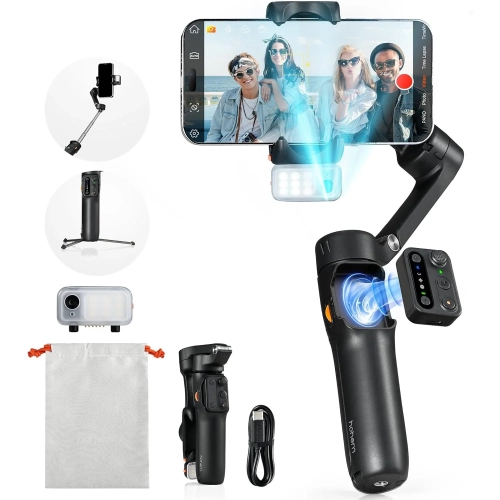 Czarny gimbal Hohem iSteady V3 z telefonem i akcesoriami zestawu