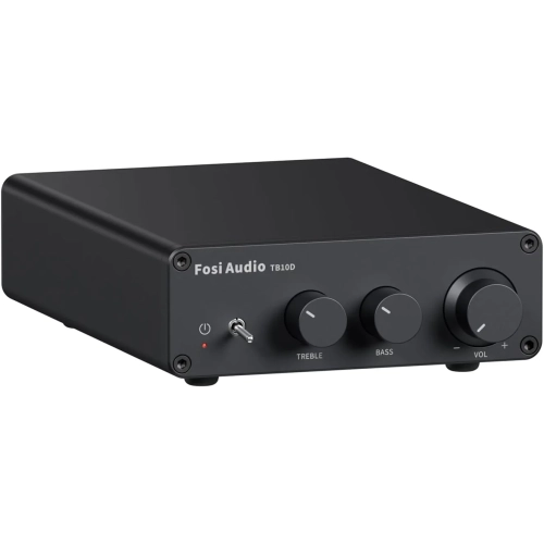 Wzmacniacz stereo Fosi Audio TB10D, widok z przodu z pokrętłami