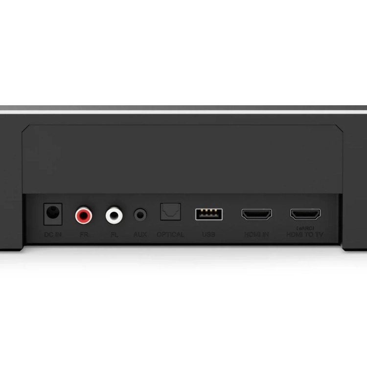 Złącza soundbara Ultimea Poseidon D80 Boom: HDMI eARC, HDMI IN, optyczne, USB, AUX i gniazda głośników