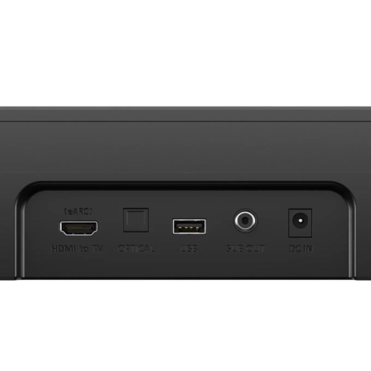 Złącza soundbara Ultimea Poseidon M60 Boom: HDMI eARC, optyczne, USB, wyjście subwoofera i zasilanie