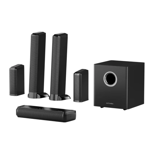 Ultimea Apollo S90 rozłożony: boczne kolumny, moduł środkowy, subwoofer i głośniki tylne
