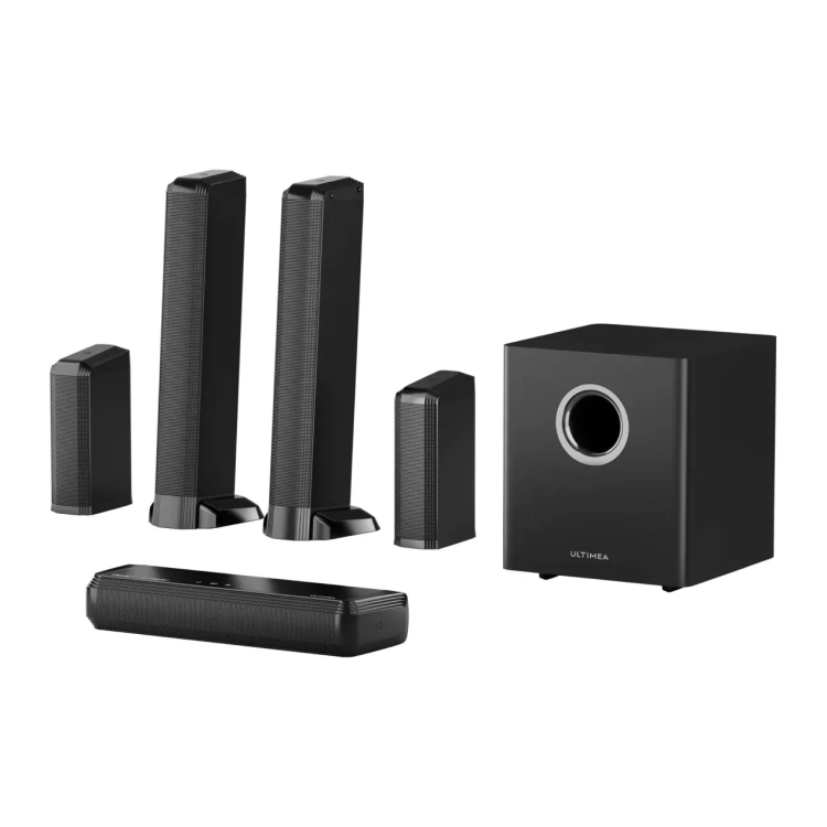 Ultimea Apollo S90 rozłożony: boczne kolumny, moduł środkowy, subwoofer i głośniki tylne
