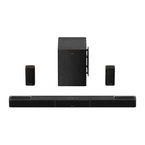 Zestaw Ultimea Skywave X60 od przodu: belka 110 cm, subwoofer za nią i głośniki tylne po bokach