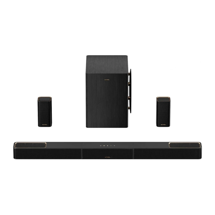 Zestaw Ultimea Skywave X60 od przodu: belka 110 cm, subwoofer za nią i głośniki tylne po bokach