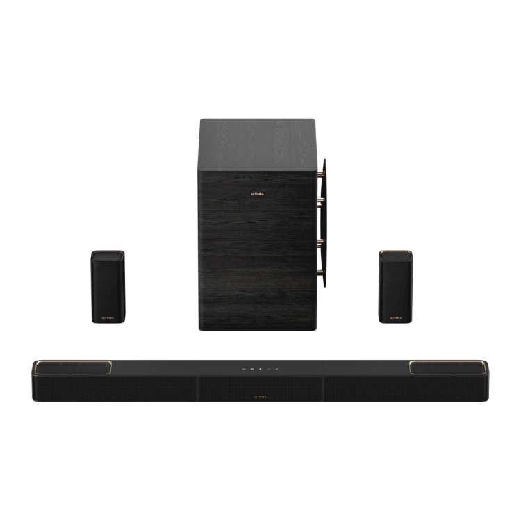 Zestaw Ultimea Skywave X70 od przodu: subwoofer za belką, głośniki tylne po bokach