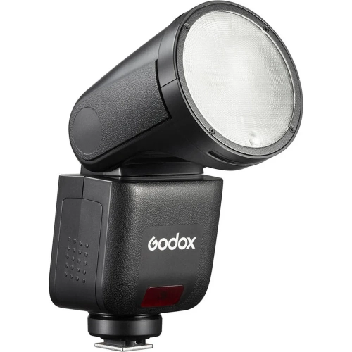 Lampa błyskowa Godox V1 mid do Nikona z przodu pod kątem, okrągła głowica