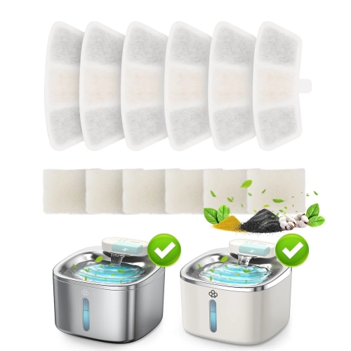 Sześć filtrów Oneisall PW04 z gąbkami obok fontann Oneisall 3,5 l