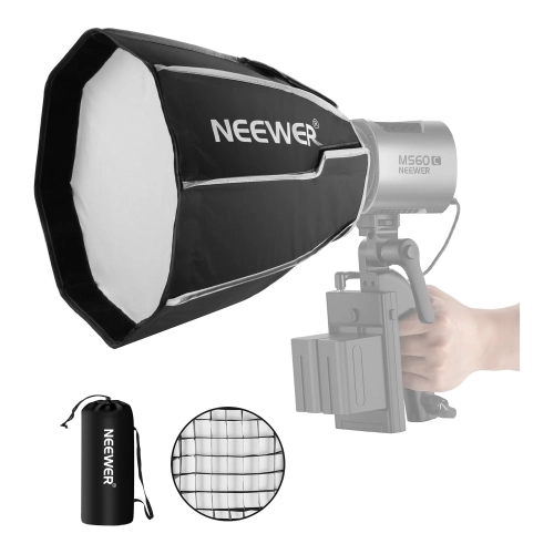 Softbox NEEWER NS4P na lampie MS60 w dłoni, z torbą i gridem