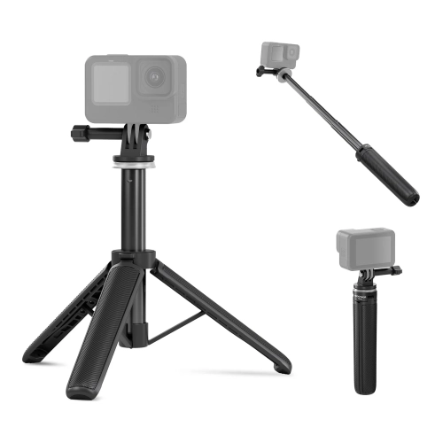 Mini statyw NEEWER TP46 z kamerą sportową, rozłożony i jako kij do selfie