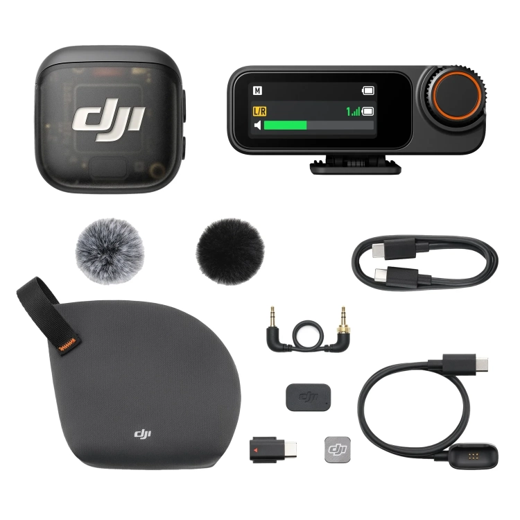 System mikrofonowy DJI Mic 3: nadajnik, odbiornik, etui ładujące i akcesoria