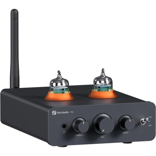 Lampowy przedwzmacniacz Fosi Audio P3 z anteną Bluetooth, widok z przodu