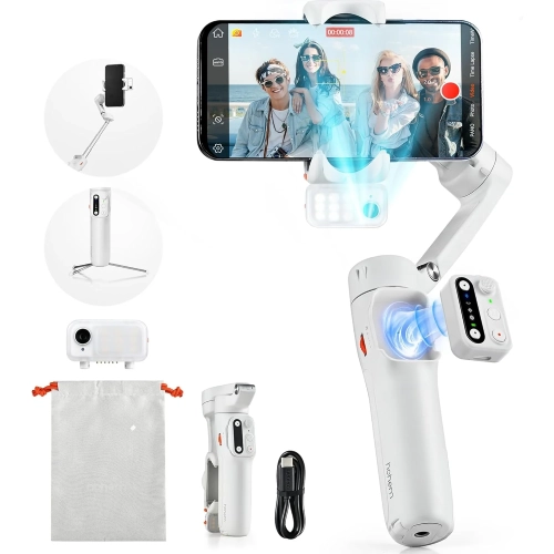Biały gimbal do telefonu Hohem iSteady V3 z pilotem, lampką i akcesoriami