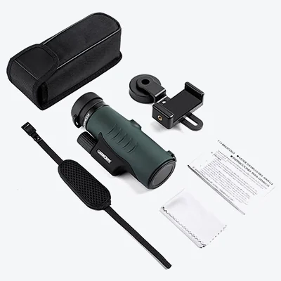 Zawartość zestawu monokulara K&F Concept KF33.008: etui, uchwyt na telefon, pasek i ściereczka