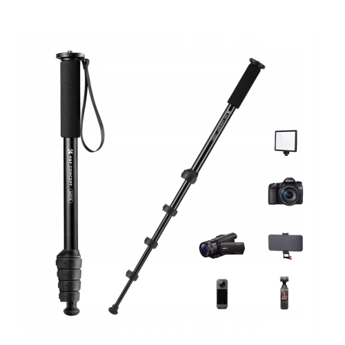 Monopod fotograficzny K&F Concept MS16 złożony i rozłożony z przykładowymi akcesoriami
