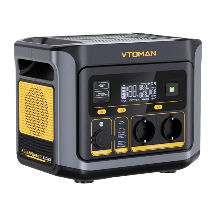 VTOMAN FlashSpeed 600 pod kątem z prawej, panel gniazd i ekran LCD