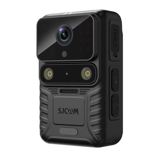 Czarna kamera nasobna SJCAM A50 z obiektywem, diodami LED i podczerwieni, widok z przodu