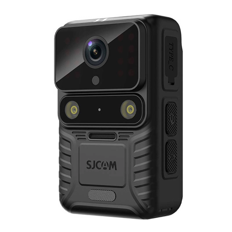 Czarna kamera nasobna SJCAM A50 z obiektywem, diodami LED i podczerwieni, widok z przodu