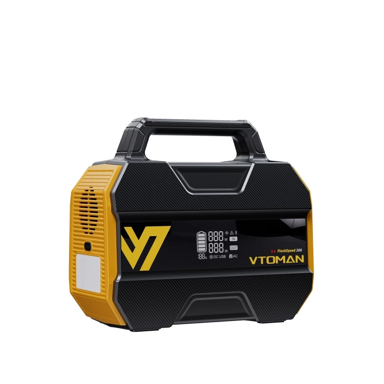 Stacja zasilania VTOMAN FlashSpeed 300 w czarno-żółtej obudowie, widok z przodu pod kątem