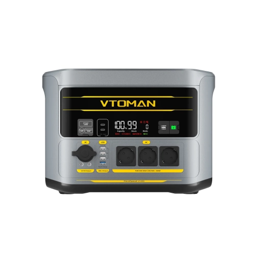 Stacja zasilania VTOMAN FlashSpeed 2400 z przodu: ekran, trzy gniazda 230 V, porty USB i DC