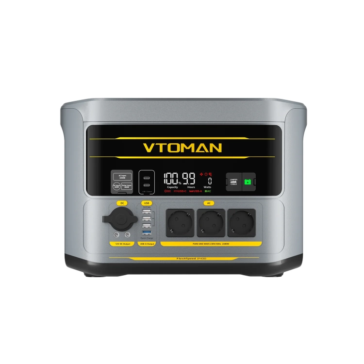 Stacja zasilania VTOMAN FlashSpeed 2400 z przodu: ekran, trzy gniazda 230 V, porty USB i DC