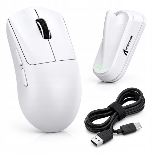 Biała mysz gamingowa Attack Shark V8 z odbiornikiem SHARK 8K i kablem USB-C