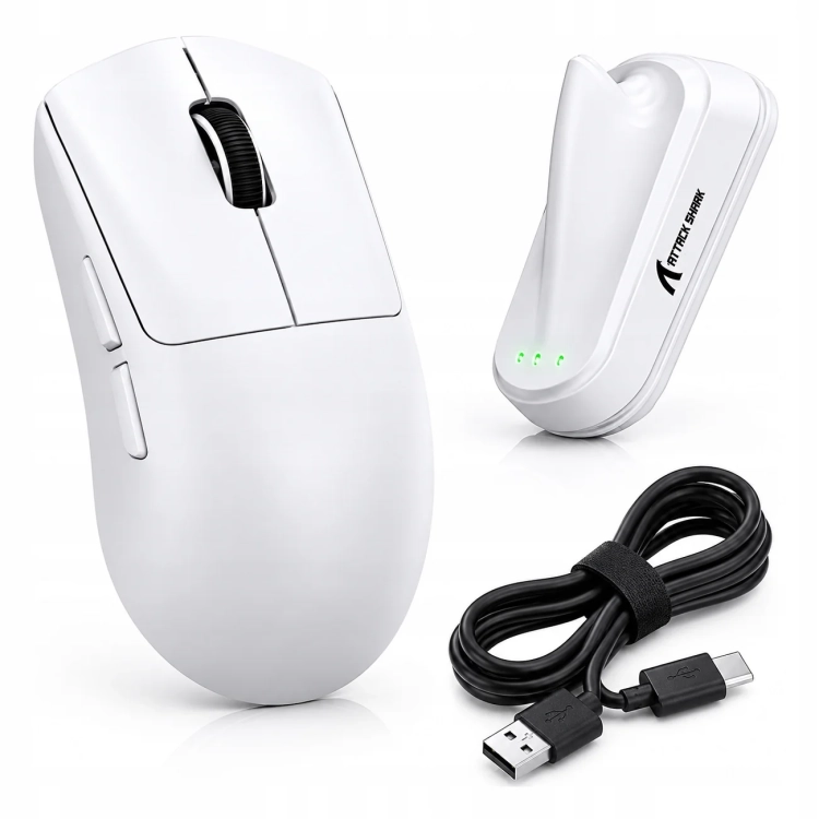 Zestaw Attack Shark V8: biała mysz, odbiornik SHARK 8K i kabel USB-C