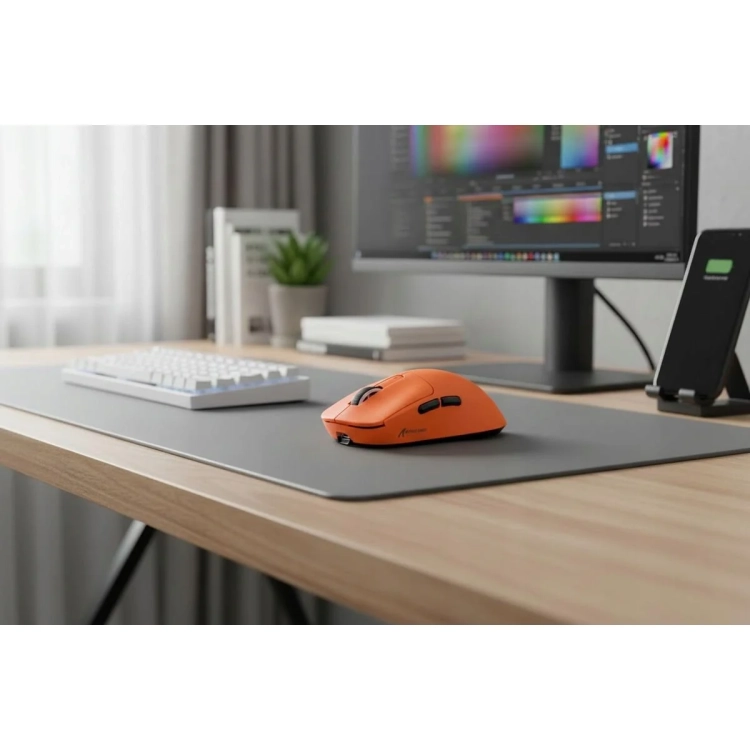 Pomarańczowa Attack Shark X3 na biurku przy monitorze