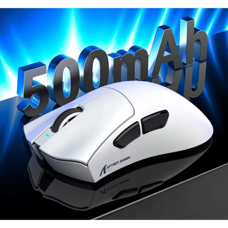 Biała Attack Shark V3 i oznaczenie akumulatora 500 mAh