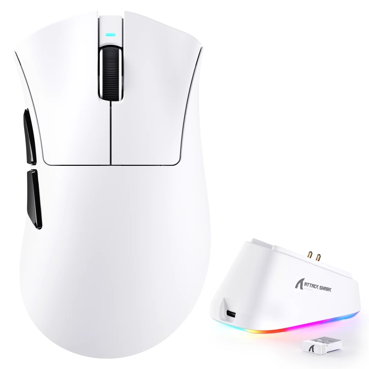 Biała mysz Attack Shark V3 PRO ze stacją ładującą RGB