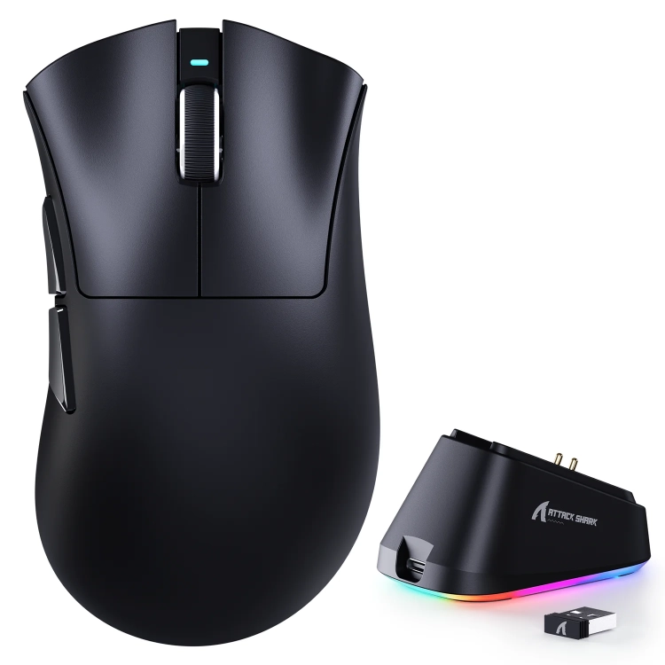 Czarna mysz Attack Shark V3 PRO ze stacją ładującą RGB