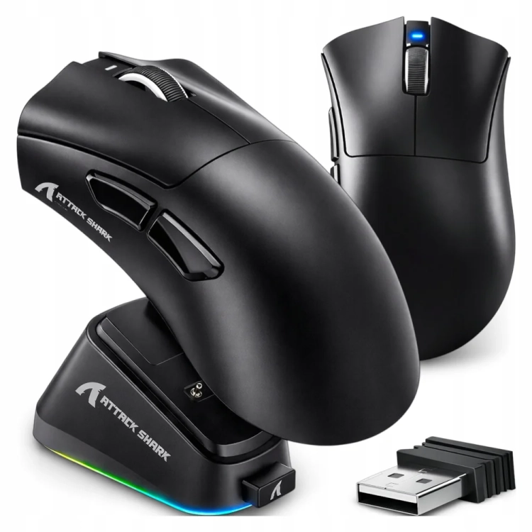 Czarna Attack Shark V3 PRO z boku i na stacji