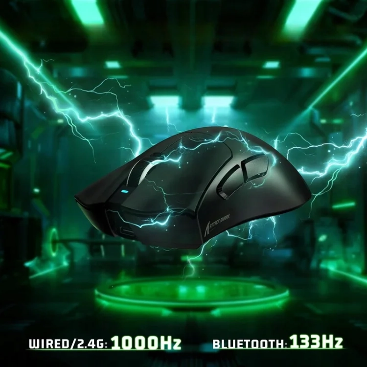 Czarna Attack Shark V3 PRO, 1000 Hz po kablu i 2,4 GHz, Bluetooth 133 Hz