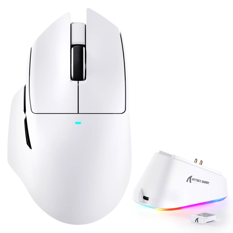 Biała mysz gamingowa Attack Shark V6 ze stacją ładującą RGB