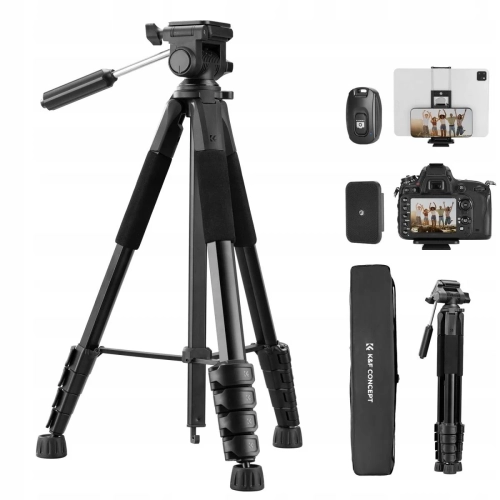 Statyw K&F Concept S255A3 z aparatem, obok pokrowiec i akcesoria
