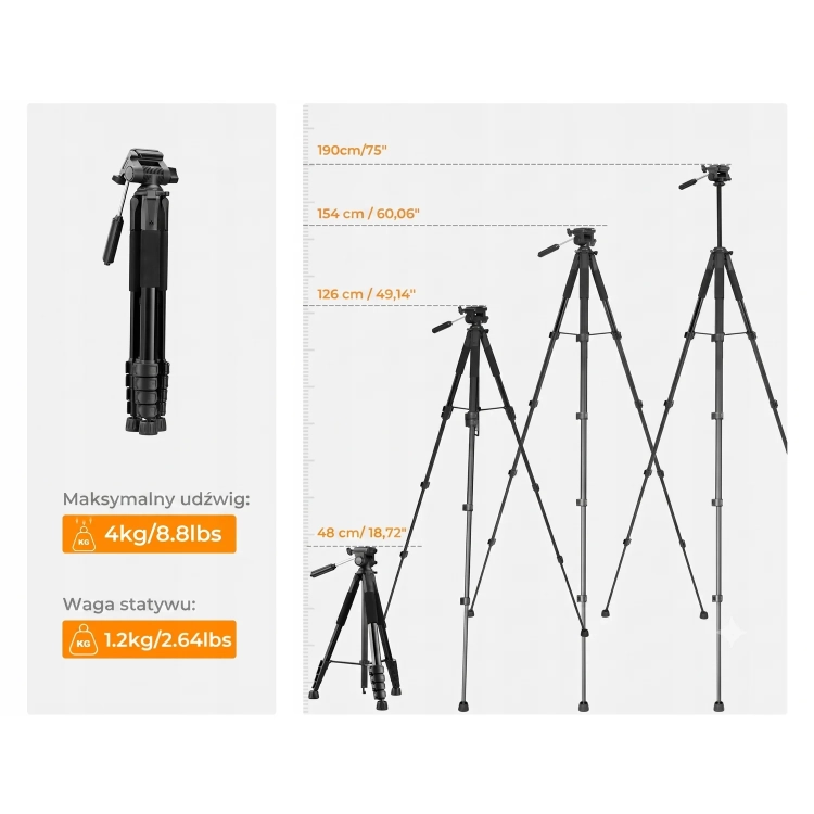 Wysokość statywu K&F Concept S255A3 od 48 do 190 cm i udźwig 4 kg