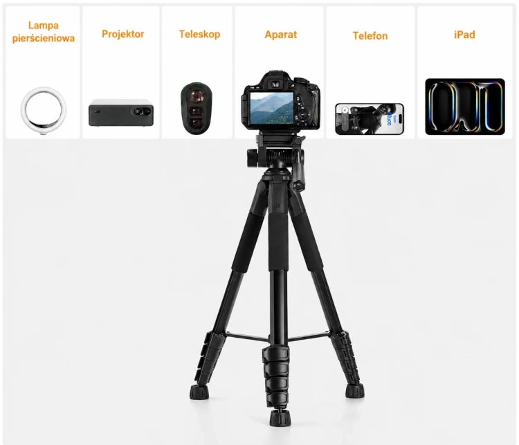 Statyw K&F Concept S255A3 z lampą, projektorem, aparatem, telefonem i tabletem