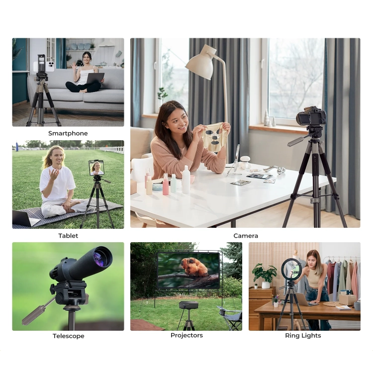 Statyw K&F Concept S255A3 szary z telefonem, tabletem, aparatem i lunetą