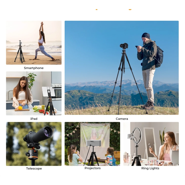 Statyw K&F Concept S255A3 z aparatem, telefonem, lunetą i lampą