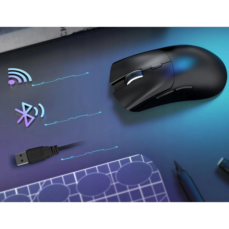Czarna Attack Shark R1 i symbole Bluetooth, 2,4 GHz i USB