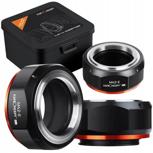 Adapter K&F Concept M42-E PRO z pudełkiem, widok z trzech stron