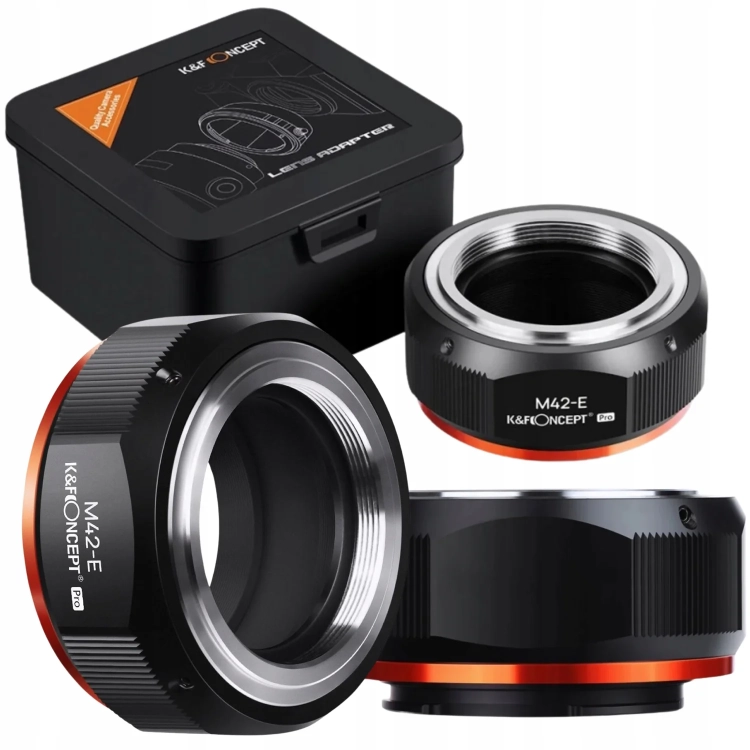 Adapter K&F Concept M42-E PRO z pudełkiem, widok z trzech stron