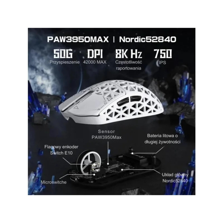 Parametry Attack Shark R5 Ultra: 50 G, 42 000 DPI, 8 kHz, 750 IPS