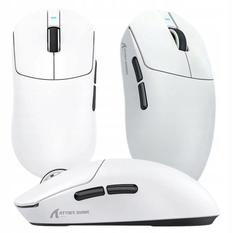 Trzy widoki białej Attack Shark X8 Ultimate
