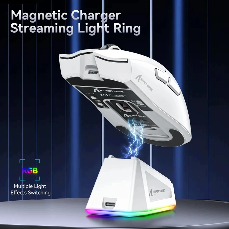 Biała Attack Shark X11 nad stacją ładującą RGB