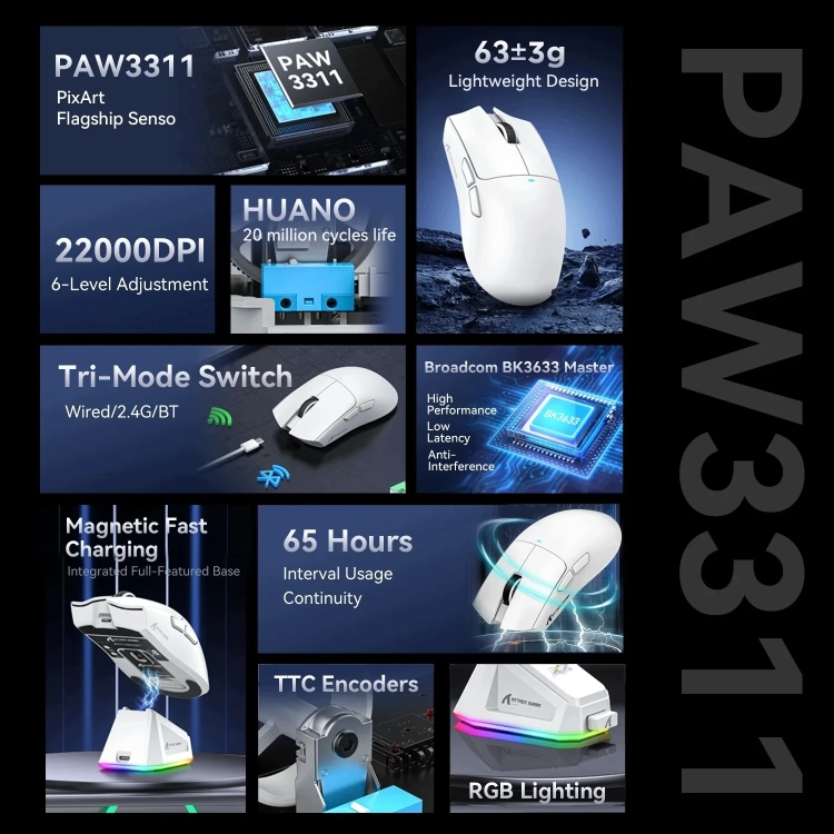 Parametry Attack Shark X11: PAW3311, 22 000 DPI