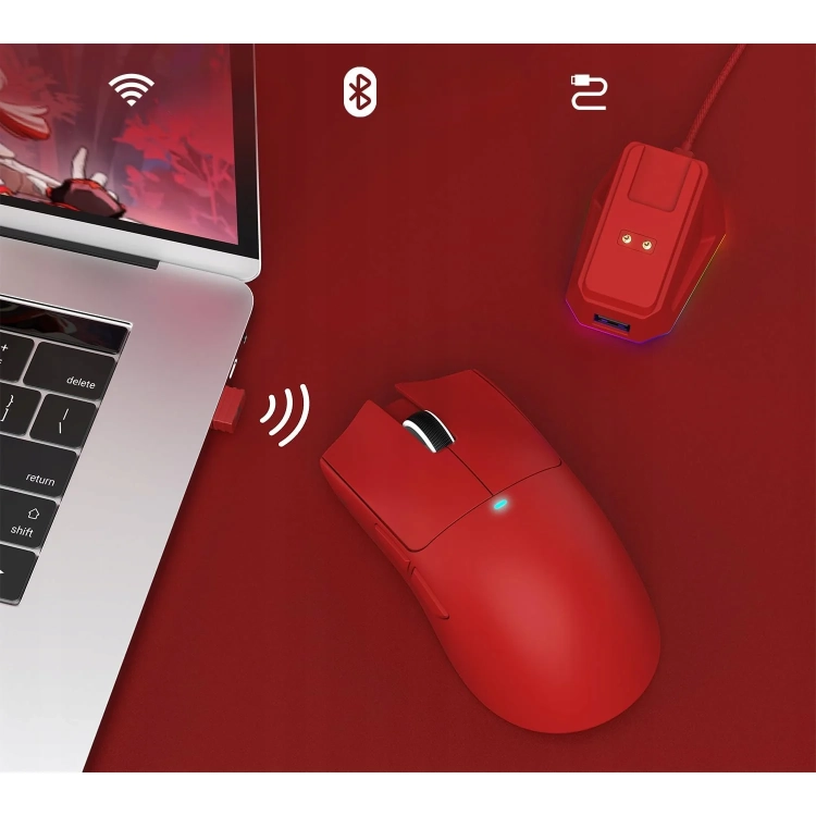 Czerwona Attack Shark X11 przy laptopie i tryby łączności